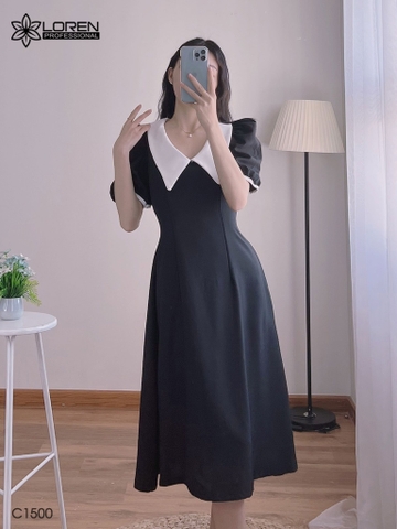 Đầm midi đen cổ peter trắng C1500