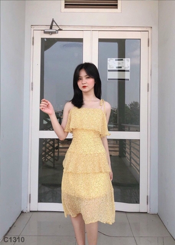 Đầm 2 dây tầng vàng C1310