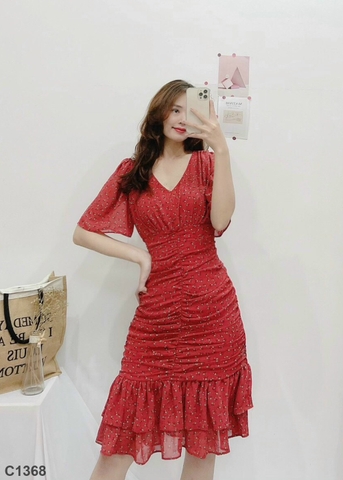 Đầm hoa nhún thân đỏ C1368