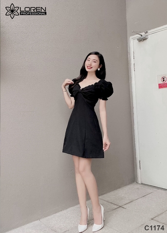 Đầm xòe tay phồng đen C1174
