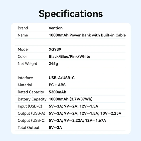 Pin dự phòng Vention XGY 10000mAh 22.5W kèm cáp