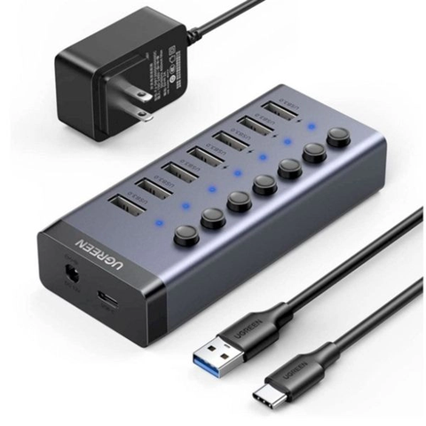 Bộ HUB Ugreen 90305 7 cổng USB vỏ nhôm, công tắc, nguồn 24W