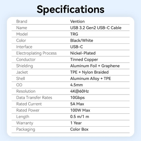 Cáp C to C hỗ trợ xuất Video 4K60Hz VENTION TRG USB 3.2 Gen2 10Gbps
