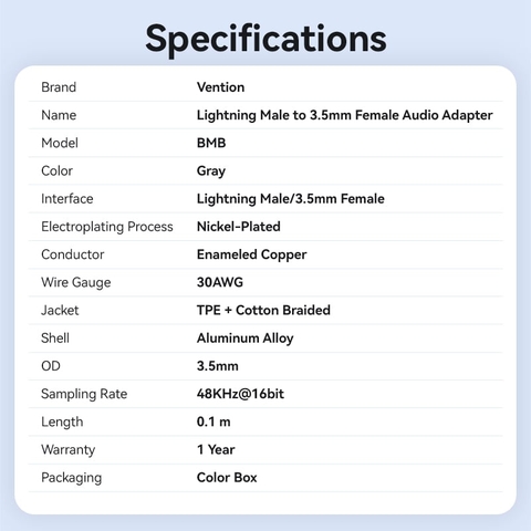 Cáp Chuyển Âm Thanh Lightning to 3.5mm VENTION BMB