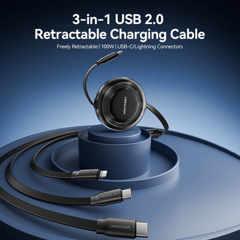 Cáp Sạc Dây Rút Đa Năng 3-in-1 C to L+2C VENTION TRK 100W