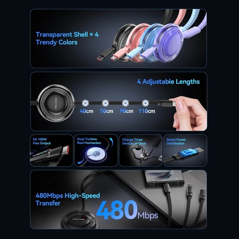 Cáp Sạc Dây Rút Đa Năng 3-in-1 C to L+2C VENTION TRK 100W