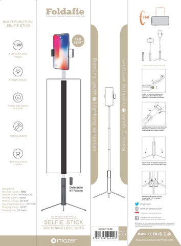 Gậy chụp hình selfie Mazer Wireless, tích hợp đèn LED trợ sáng