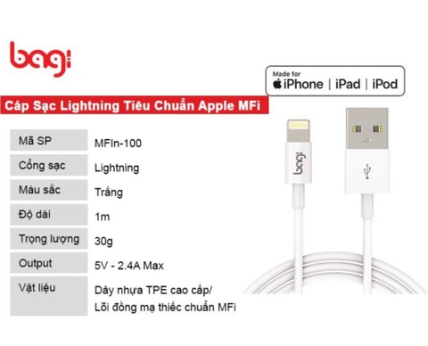 Cáp sạc Lightning Bagi MFI-n100