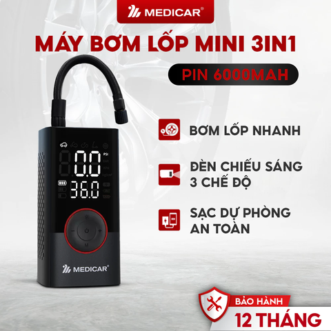 Máy bơm lốp mini Medicar 6000mAh cho ô tô, xe máy