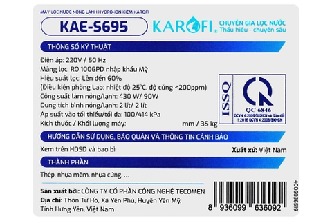 Máy lọc nước RO nóng nguội lạnh Hydrogen ion kiềm Karofi KAE-S695 13 lõi