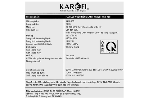Máy lọc nước RO nóng nguội lạnh Hydrogen Karofi KAD-X68 11 lõi