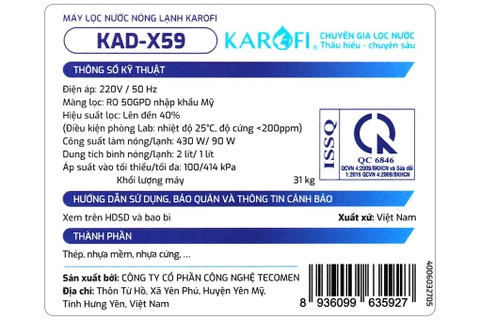 Máy lọc nước RO nóng nguội lạnh Hydrogen Karofi KAD-X59 12 lõi