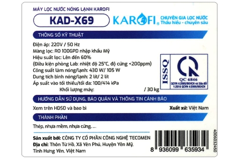 Máy lọc nước RO nóng nguội lạnh Hydrogen Karofi KAD-X69 12 lõi