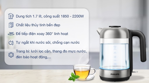 Bình đun siêu tốc Philips Ruột thủy tinh chịu nhiệt 1.7 lít HD9339/80