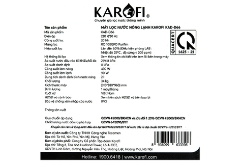 Máy lọc nước RO nóng nguội lạnh Hydrogen Karofi KAD-D66 11 lõi