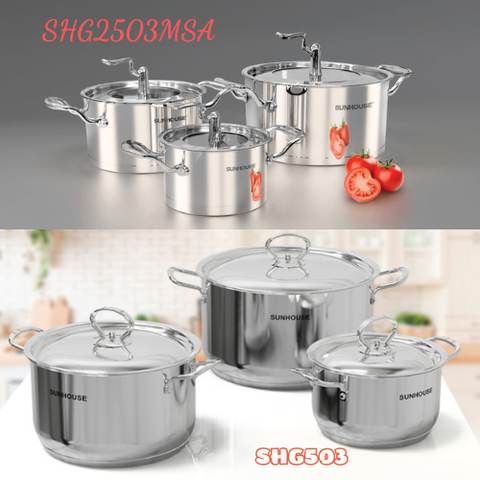 Bộ nồi inox Sunhouse SHG2503MSA và SHG503 khác nhau thế nào?Có dùng được trên bếp từ không?
