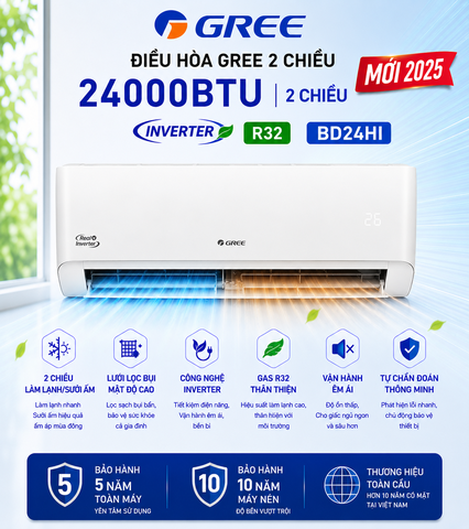 Điều hòa Gree 2 chiều 24000BTU Inverter BD24HI mới 2025