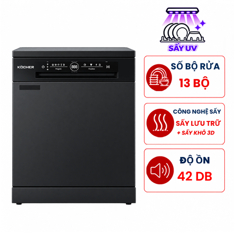 Máy rửa bát Kocher KDEU-8828BLACK 13 bộ độc lập, sấy khô 3D nhập Malaysia
