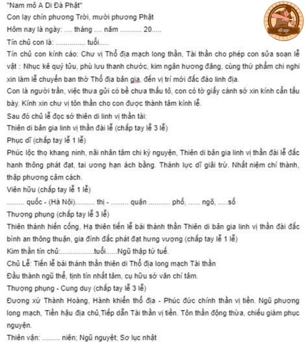 Mẫu văn khấn di chuyển bàn thờ Thần Tài Đầy Đủ và Chính Xác