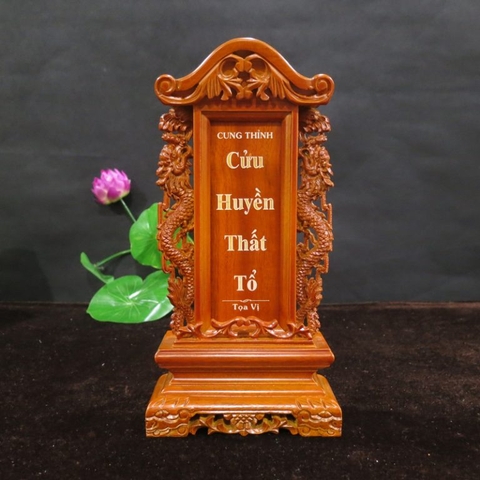 Bài Vị Gỗ Long Não Khắc Chữ Màu Vàng Chạm Rồng 02