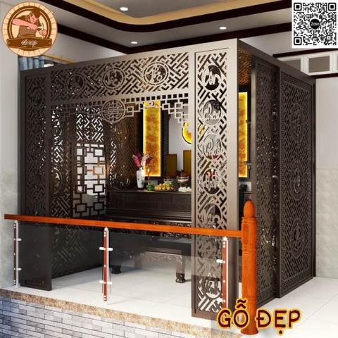 Vách Ngăn Phòng Thờ Có Cửa Lùa VT 3363 - Gỗ Đẹp