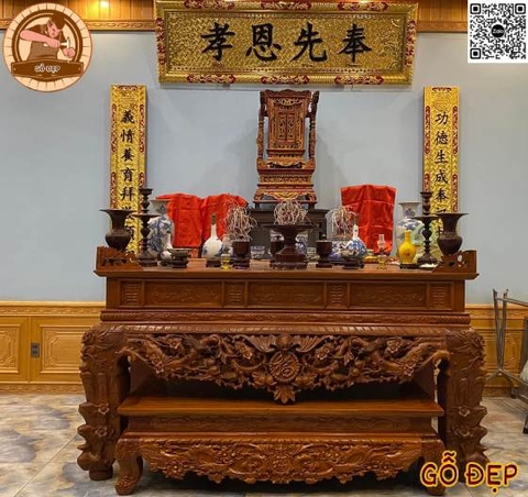 Sập Thờ Gỗ Gõ Đỏ Cao Cấp ST 6682 Tại Xưởng Gỗ Đẹp với họa tiết cầu kì