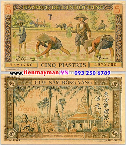 5 Piastres 1951 P-75 | Cảnh nông dân cấy lúa- Ông sư