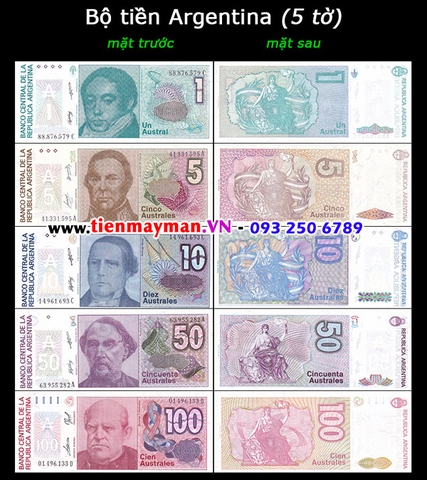 Bộ tiền Argentina 5 tờ 1 5 10 50 100 Pesos