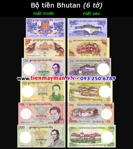 Bộ tiền Bhutan 6 tờ 1 5 10 20 50 100 Ngultrum