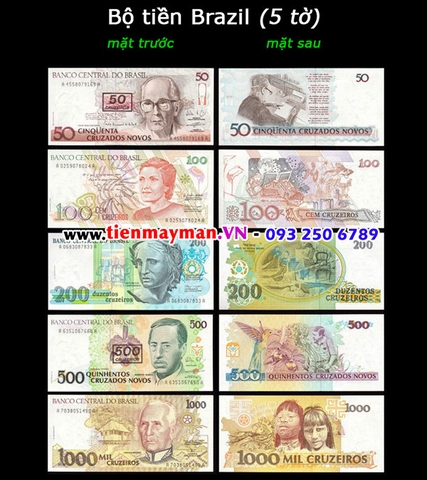 Bộ tiền Brazil 5 tờ 50 100 200 500 1000 Cruzeiros