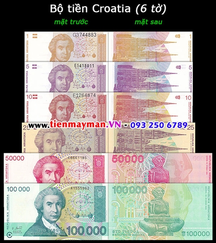 Bộ tiền Croatia 6 tờ 1 5 10 25 50000 100000 Dinara
