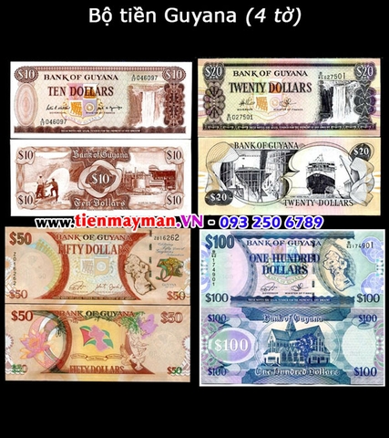Bộ tiền Guyana 4 tờ 10 20 50 100 Dollar