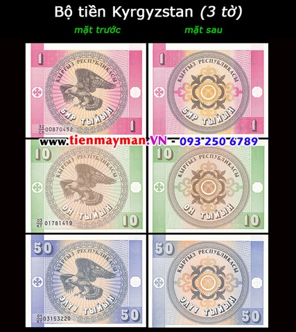 Bộ tiền Kyrgyzstan 3 tờ 1 10 50 Tyiyn 1993
