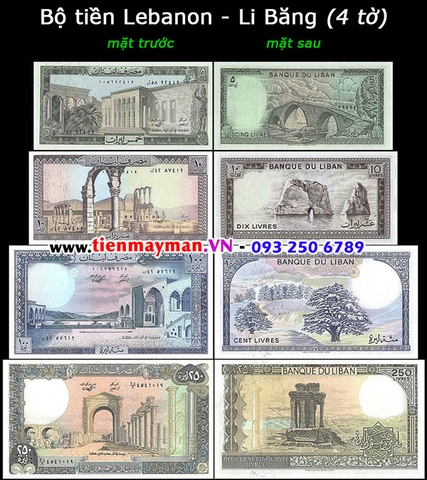Bộ tiền Lebanon - Li Băng 4 tờ 5 10 100 250 Livres