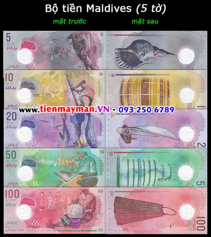 Bộ tiền Maldives 5 tờ 5 10 20 50 100 Rufiyaa 2015 polymer