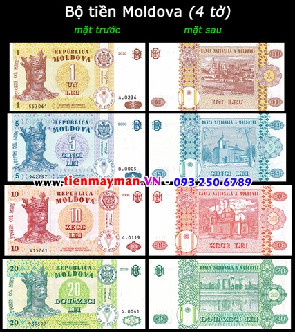 Bộ tiền Moldova 4 tờ 1 5 10 20 Lei 2010