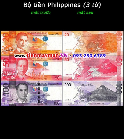 Bộ tiền Philippines 3 tờ 20 50 100 Piso