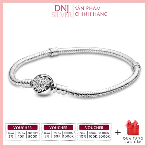 Vòng tay charm bạc 925 cao cấp - Vòng charm Moments Sparkling Heart Clasp Snake Chain - Vòng tay dành cho nam và nữ - Vòng mềm