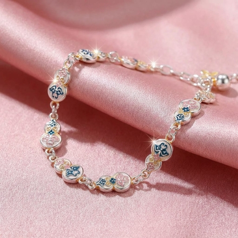 Lắc Tay Bạc Nguyên Chất 99 Cho Nữ - Hoa Xanh Viền Đá - LT99N001