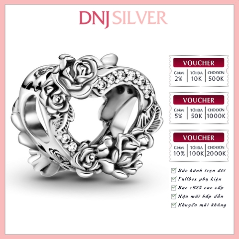 [Chính hãng] Charm bạc 925 cao cấp - Charm Open Heart & Rose Flowers thích hợp để mix vòng tay charm bạc cao cấp - DN153