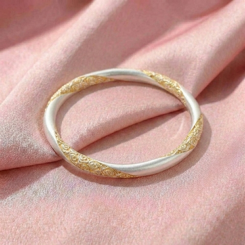 Vòng Tay Bạc Khắc Điểm Vàng - Vòng Đặc Bạc Nguyên Chất - VTBKĐV0003