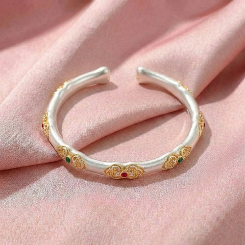 Vòng Tay Bạc Đốt Trúc Men Màu - Vòng Đặc Bạc Nguyên Chất - VTBĐTMM0004