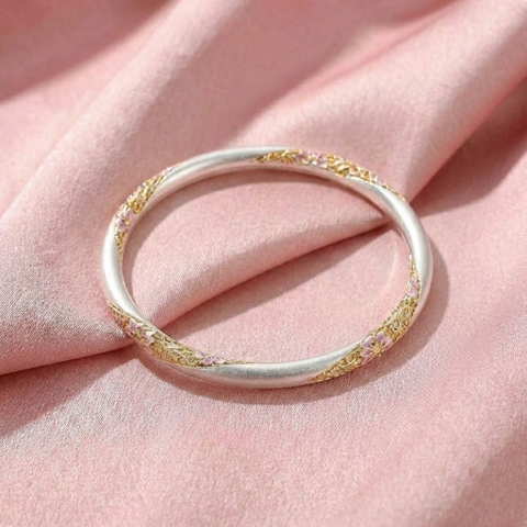 Vòng Tay Bạc Men Màu Vàng - Vòng Đặc Bạc Nguyên Chất - VTBMMV0024