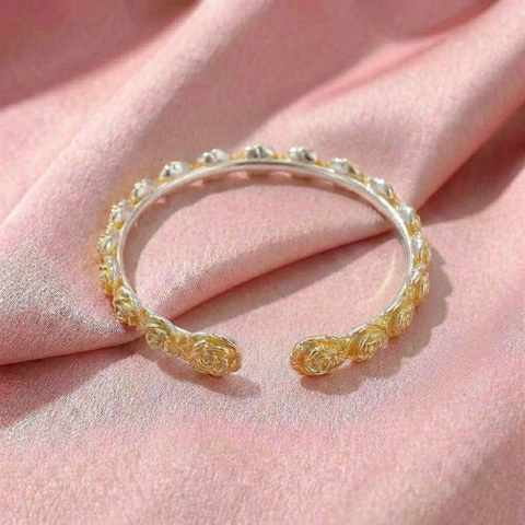 Vòng Tay Bạc Kiềng Hoa Hồng Vàng - Vòng Đặc Bạc Nguyên Chất - VTBKHHV0015
