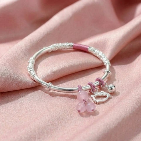 Vòng Tay Bạc Mix Charm Hồng - Vòng Đặc Bạc Nguyên Chất - VTBMCH0019