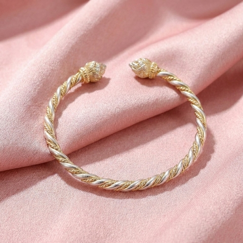 Vòng Tay Bạc Kiềng Xoắn Hoa Sen - Vòng Đặc Bạc Nguyên Chất - VTBKXHS0048