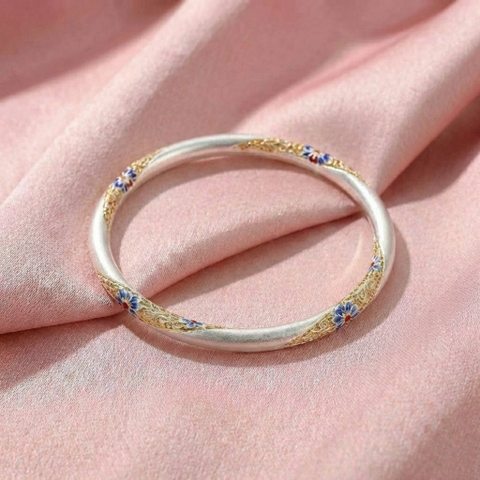 Vòng Tay Bạc Men Màu Xanh - Vòng Đặc Bạc Nguyên Chất - VTBMMX0023