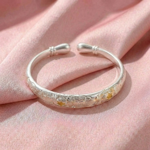 Vòng Tay Bạc Kiềng Hoa Vàng 24K - Vòng Đặc Bạc Nguyên Chất - VTBKHV0038