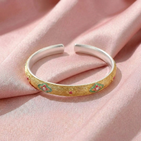 Vòng Tay Bạc Kiềng Hoa Mạ Vàng 24K - Vòng Đặc Bạc Nguyên Chất - VTBKHMV0040