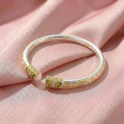 Vòng Tay Bạc Kiềng Mạ Vàng - Vòng Đặc Bạc Nguyên Chất - VTBKMV0017